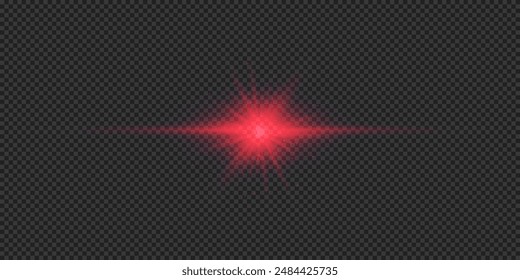 Light effect of lens flares. Red horizontal glowing light starburst effect with sparkles on a grey transparent background. Vector illustration