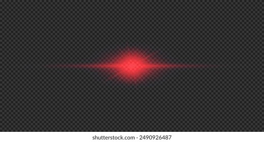 Light effect of lens flares. Red horizontal glowing light starburst effect with sparkles on a grey transparent background. Vector illustration