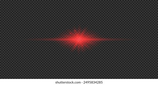 Light effect of lens flares. Red horizontal glowing light starburst effect with sparkles on a grey transparent background. Vector illustration