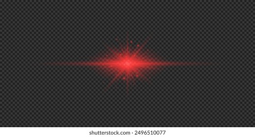 Efecto de luz de los destellos de la lente. Efecto de estallido de luz brillante Horizontal rojo con destellos sobre un fondo transparente gris. Ilustración vectorial