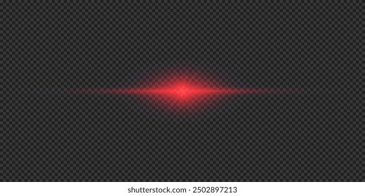 Lichteffekt von Linsenfackeln. Roter horizontaler glühender Stern-Effekt mit funkelndem Licht auf grauem, transparentem Hintergrund. Vektorgrafik