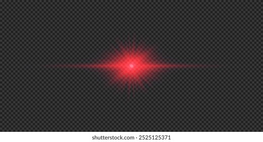 Lichteffekt von Linsenfackeln. Roter horizontaler glühender Stern-Effekt mit funkelndem Licht auf grauem, transparentem Hintergrund. Vektorgrafik