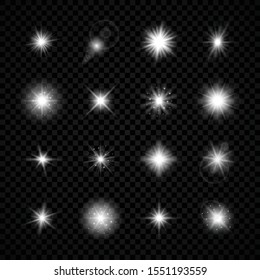 Light effect of lens flares. Set of sixteen white glowing lights starburst effects with sparkles on a transparent background. Vector illustration