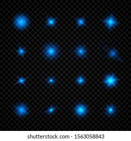 Light effect of lens flares. Set of sixteen blue glowing lights starburst effects with sparkles on a transparent background. Vector illustration