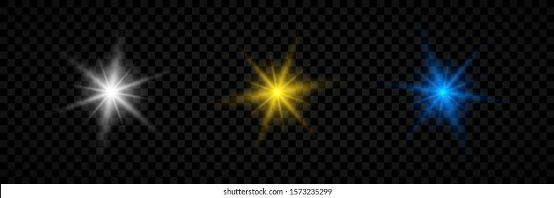 Light effect of lens flares. Set of three white, yellow and blue glowing lights starburst effects with sparkles on a transparent background. Vector illustration