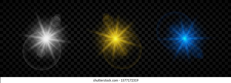 Light effect of lens flares. Set of three white, yellow and blue glowing lights starburst effects with sparkles on a transparent background. Vector illustration