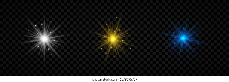 Light effect of lens flares. Set of three white, yellow and blue glowing lights starburst effects with sparkles on a transparent background. Vector illustration