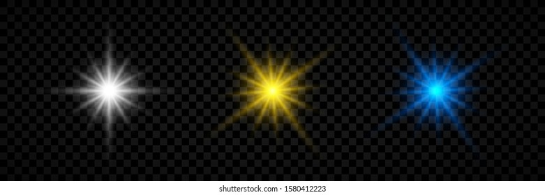 Light effect of lens flares. Set of three white, yellow and blue glowing lights starburst effects with sparkles on a transparent background. Vector illustration