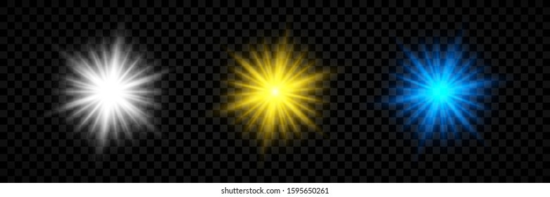 Light effect of lens flares. Set of three white, yellow and blue glowing lights starburst effects with sparkles on a transparent background. Vector illustration