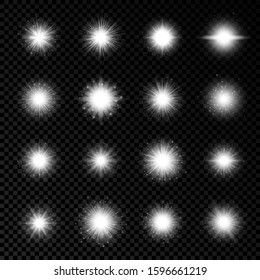 Light effect of lens flares. Set of sixteen white glowing lights starburst effects with sparkles on a transparent background. Vector illustration