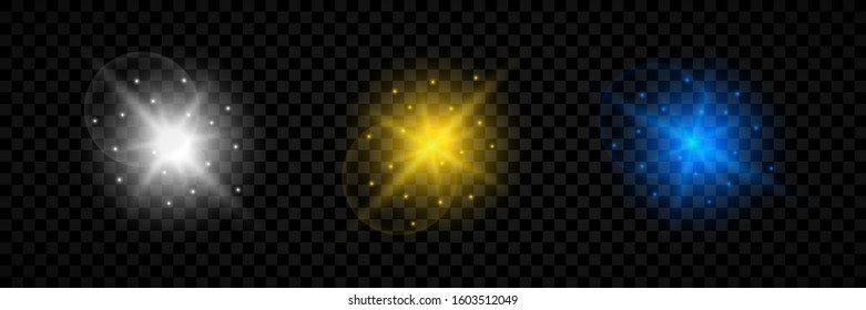 Light effect of lens flares. Set of three white, yellow and blue glowing lights starburst effects with sparkles on a transparent background. Vector illustration
