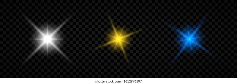 Light effect of lens flares. Set of three white, yellow and blue glowing lights starburst effects with sparkles on a transparent background. Vector illustration