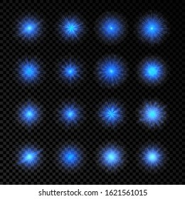 Light effect of lens flares. Set of sixteen blue glowing lights starburst effects with sparkles on a transparent background. Vector illustration