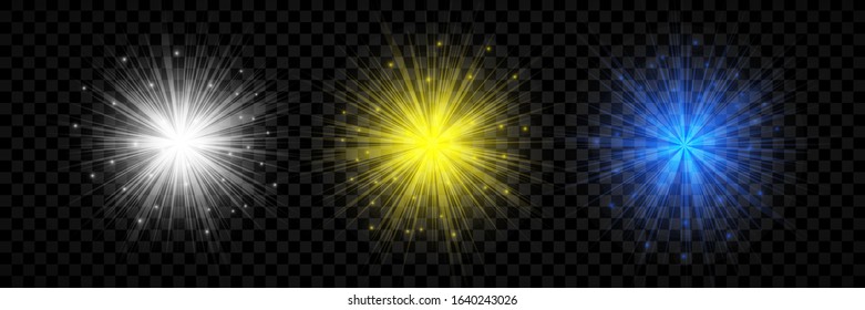 Light effect of lens flares. Set of three white, yellow and blue glowing lights starburst effects with sparkles on a transparent background. Vector illustration