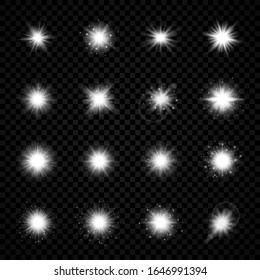 Light effect of lens flares. Set of sixteen white glowing lights starburst effects with sparkles on a transparent background. Vector illustration