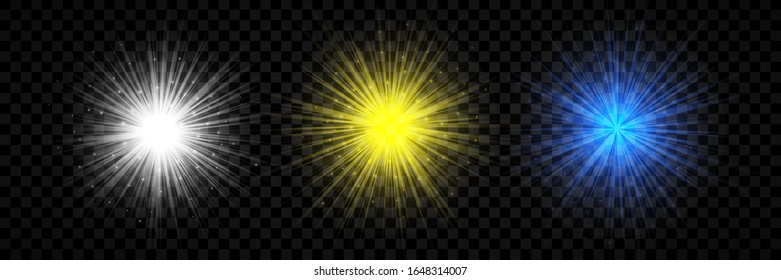 Light effect of lens flares. Set of three white, yellow and blue glowing lights starburst effects with sparkles on a transparent background. Vector illustration