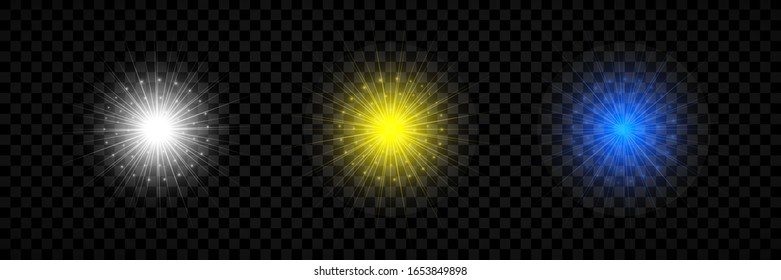 Light effect of lens flares. Set of three white, yellow and blue glowing lights starburst effects with sparkles on a transparent background. Vector illustration