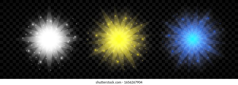 Light effect of lens flares. Set of three white, yellow and blue glowing lights starburst effects with sparkles on a transparent background. Vector illustration