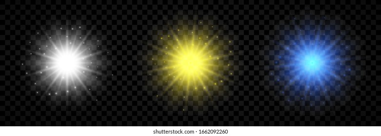 Light effect of lens flares. Set of three white, yellow and blue glowing lights starburst effects with sparkles on a transparent background. Vector illustration