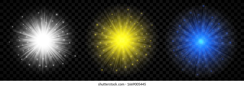 Light effect of lens flares. Set of three white, yellow and blue glowing lights starburst effects with sparkles on a transparent background. Vector illustration