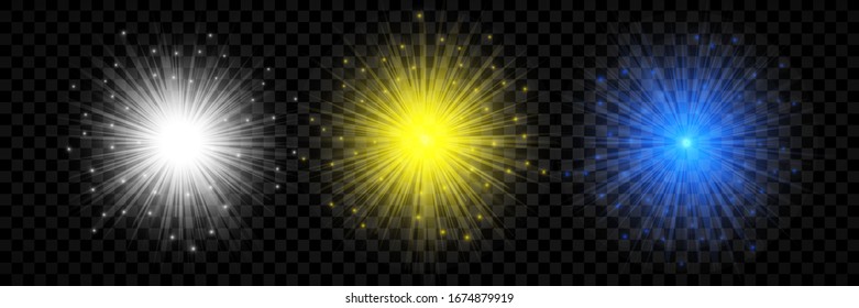 Light effect of lens flares. Set of three white, yellow and blue glowing lights starburst effects with sparkles on a transparent background. Vector illustration