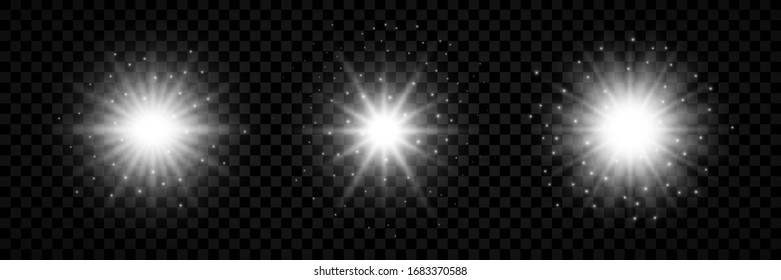 Efecto luminoso de las bengalas del objetivo. Conjunto de tres luces blancas brillantes efecto de arranque con chispas sobre un fondo transparente. Ilustración del vector