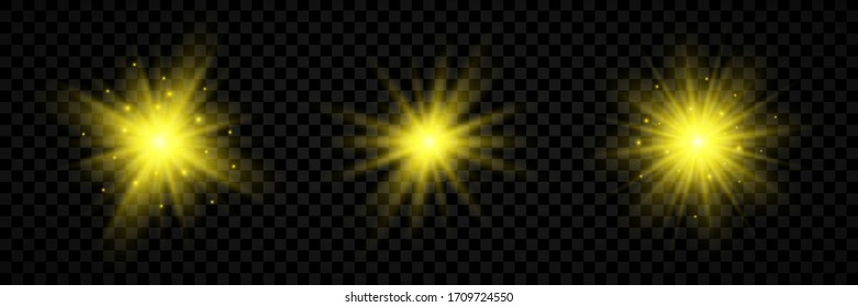 Efecto luminoso de las bengalas del objetivo. Conjunto de tres luces amarillas brillantes efecto de arranque con chispas sobre un fondo transparente. Ilustración del vector