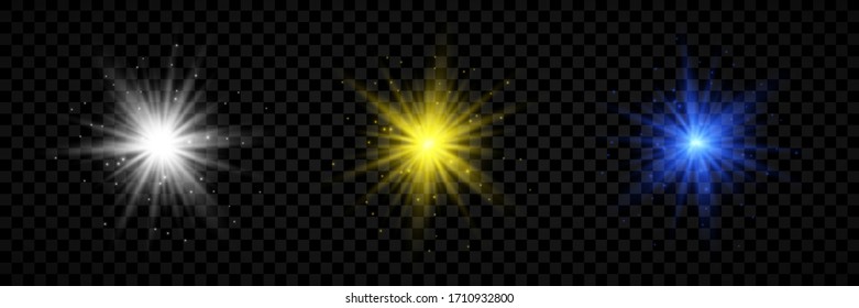 Light effect of lens flares. Set of three white, yellow and blue glowing lights starburst effects with sparkles on a transparent background. Vector illustration