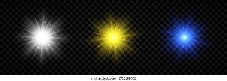 Light effect of lens flares. Set of three white, yellow and blue glowing lights starburst effects with sparkles on a transparent background. Vector illustration