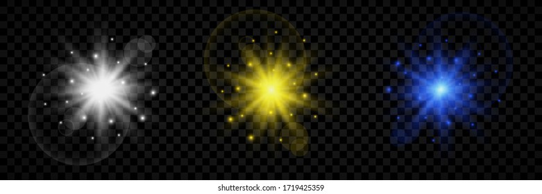 Light effect of lens flares. Set of three white, yellow and blue glowing lights starburst effects with sparkles on a transparent background. Vector illustration