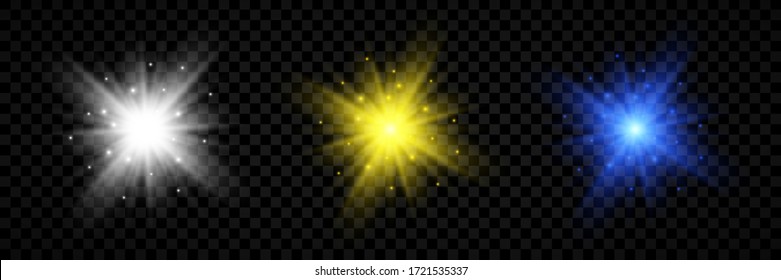 Efecto luminoso de las bengalas del objetivo. Conjunto de tres luces brillantes blancas, amarillas y azules efecto estrella con chispas sobre un fondo transparente. Ilustración del vector
