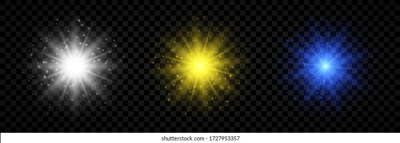 Light effect of lens flares. Set of three white, yellow and blue glowing lights starburst effects with sparkles on a transparent background. Vector illustration