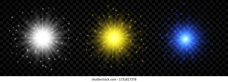 Light effect of lens flares. Set of three white, yellow and blue glowing lights starburst effects with sparkles on a transparent background. Vector illustration