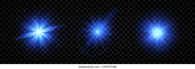 Light effect of lens flares. Set of three blue glowing lights starburst effects with sparkles on a transparent background. Vector illustration