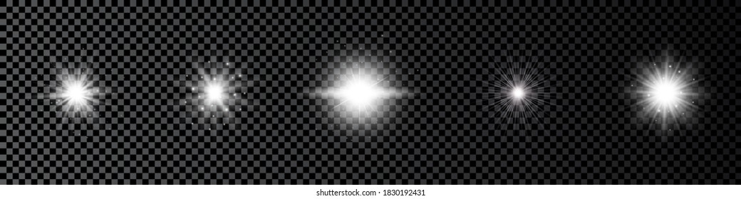 Light effect of lens flares. Set of five white glowing lights starburst effects with sparkles on a dark transparent background. Vector illustration