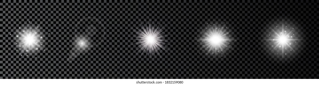 Light effect of lens flares. Set of five white glowing lights starburst effects with sparkles on a dark transparent background. Vector illustration