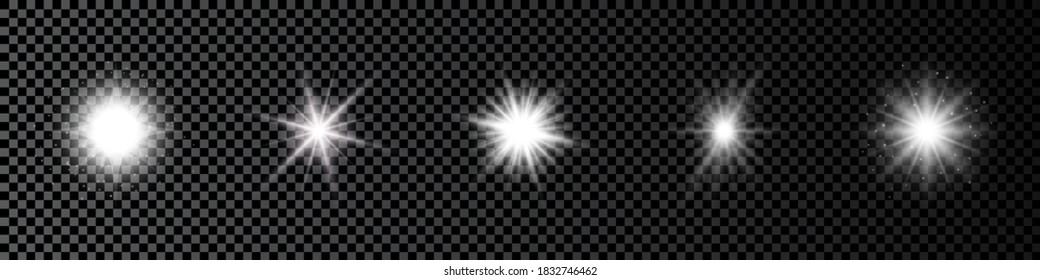 Light effect of lens flares. Set of five white glowing lights starburst effects with sparkles on a dark transparent background. Vector illustration
