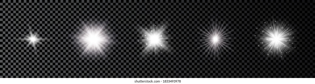 Light effect of lens flares. Set of five white glowing lights starburst effects with sparkles on a dark transparent background. Vector illustration