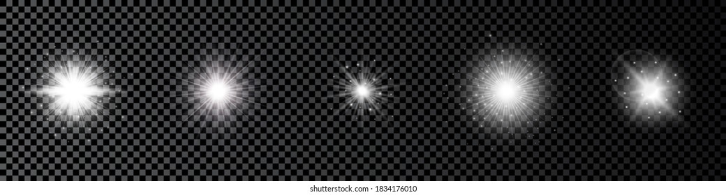 Light effect of lens flares. Set of five white glowing lights starburst effects with sparkles on a dark transparent background. Vector illustration