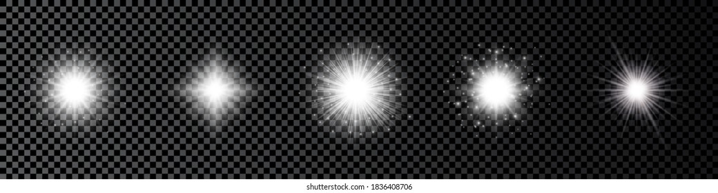 Light effect of lens flares. Set of five white glowing lights starburst effects with sparkles on a dark transparent background. Vector illustration