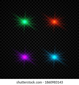 Efecto luminoso de las bengalas de la lente. El conjunto de cuatro luces brillantes verdes, rojas, violetas y azules tiene efectos de arranque con chispas sobre un fondo transparente oscuro. Ilustración del vector