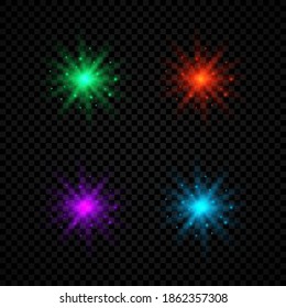 Light effect of lens flares. Set of four green, red, purple and blue glowing lights starburst effects with sparkles on a dark transparent background. Vector illustration