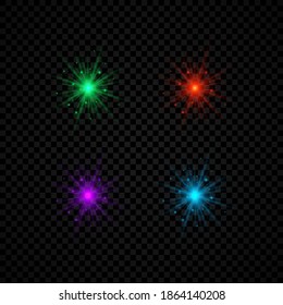 Effet de lumière des éruptions de lentilles. Ensemble de quatre effets d'éclatement de lumières vertes, rouges, violettes et bleues brillantes avec des étincelles sur fond noir et transparent. Illustration vectorielle
