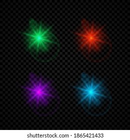 Light effect of lens flares. Set of four green, red, purple and blue glowing lights starburst effects with sparkles on a dark transparent background. Vector illustration