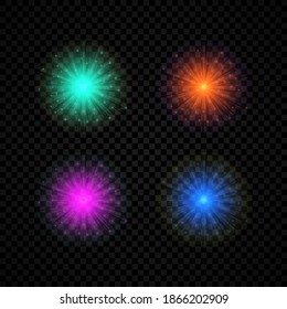 Light effect of lens flares. Set of four green, orange, purple and blue glowing lights starburst effects with sparkles on a dark transparent background. Vector illustration