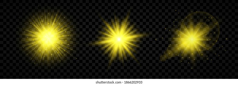 Light effect of lens flares. Set of three yellow glowing lights starburst effects with sparkles on a transparent background. Vector illustration