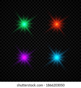 Effet de lumière des éruptions de lentilles. Ensemble de quatre effets d'éclatement de lumières vertes, rouges, violettes et bleues brillantes avec des étincelles sur fond noir et transparent. Illustration vectorielle