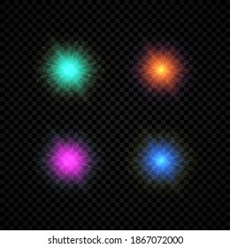Lichteffekt der Linsenfackel. Eine Reihe von vier grünen, orangefarbenen, violetten und blauen Lichtern, die auf dunkeltransparentem Hintergrund strahlend wirken. Vektorgrafik