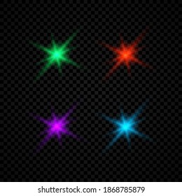 Light effect of lens flares. Set of four green, red, purple and blue glowing lights starburst effects with sparkles on a dark transparent background. Vector illustration