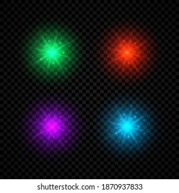 Light effect of lens flares. Set of four green, red, purple and blue glowing lights starburst effects with sparkles on a dark transparent background. Vector illustration